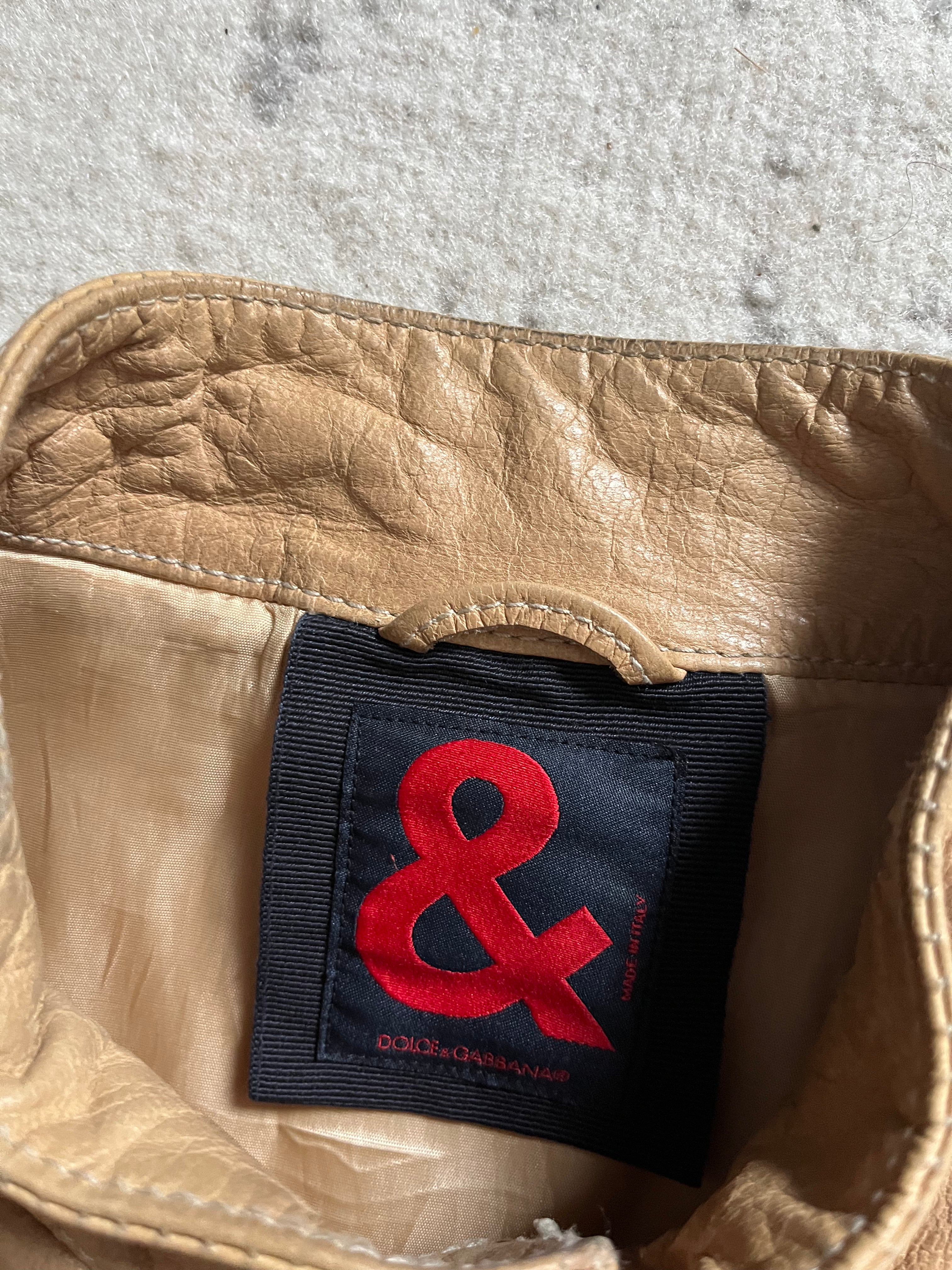 00年代 ドルチェ&amp;ガッバーナ ストライプ ベージュ レザー バイカー レーサー ジャケット (M/L)