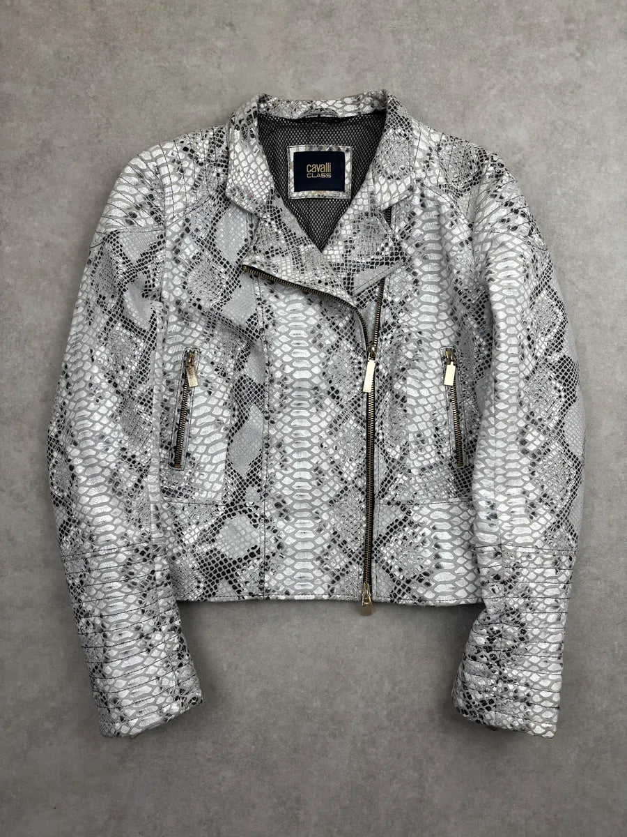 SS2015 Cavalli Class Silver Snake Print Perfecto Leather Jacket LgEZlbgq 0