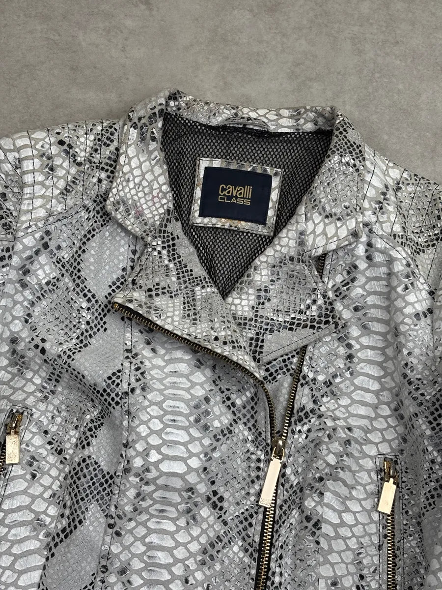 SS2015 Cavalli Class Silver Snake Print Perfecto Leather Jacket LgEZlbgq 11