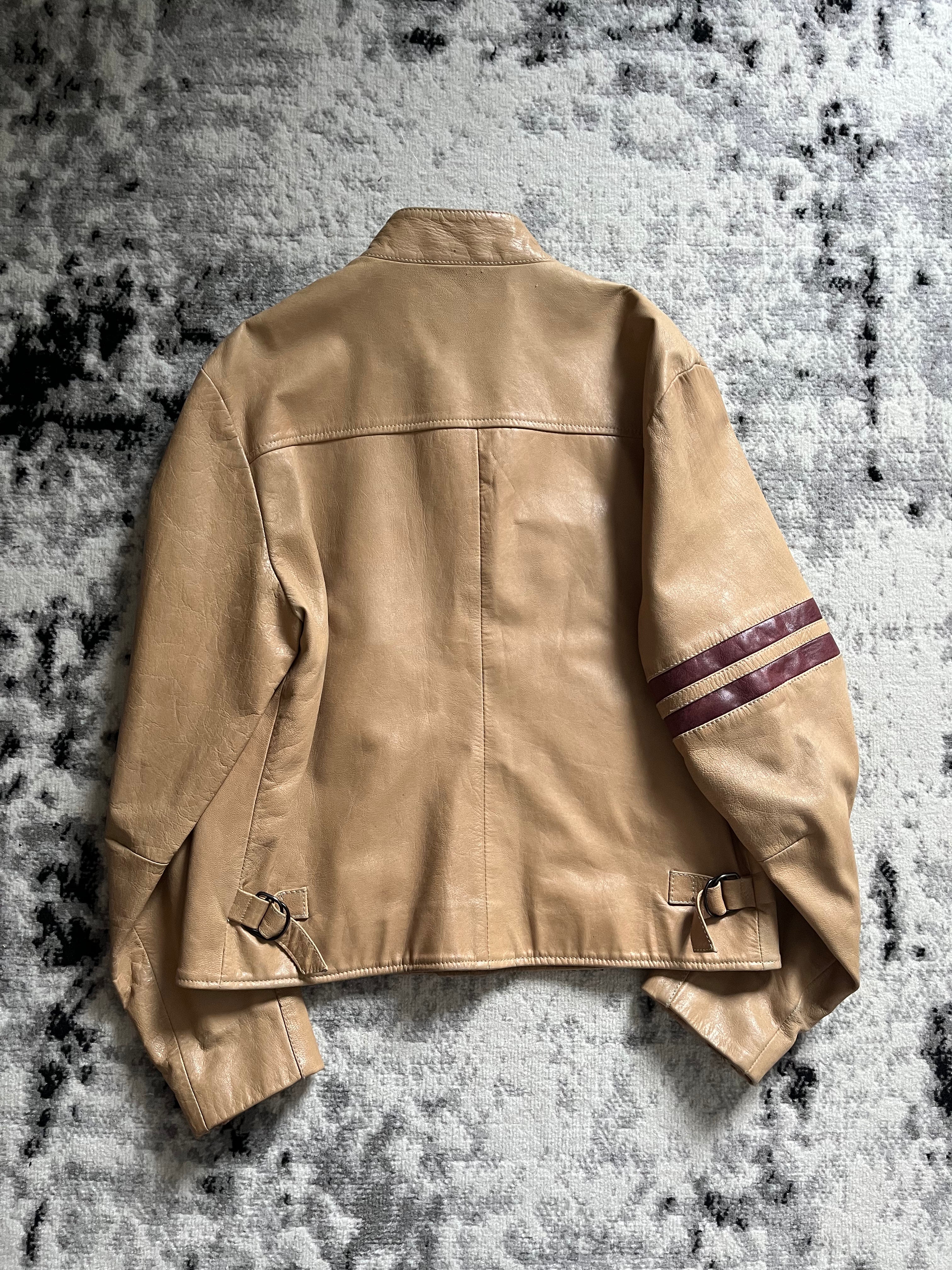 00年代 ドルチェ&amp;ガッバーナ ストライプ ベージュ レザー バイカー レーサー ジャケット (M/L)