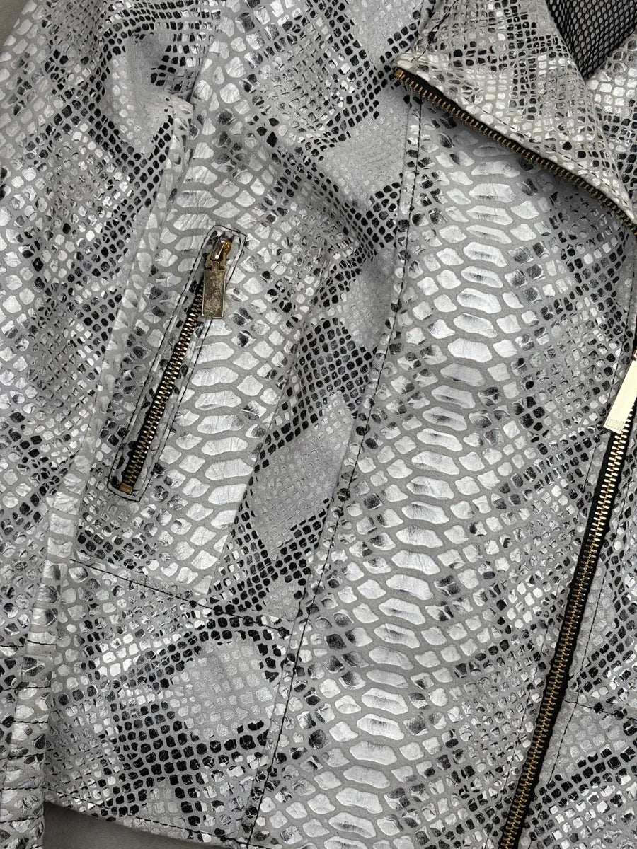 SS2015 Cavalli Class Silver Snake Print Perfecto Leather Jacket LgEZlbgq 5