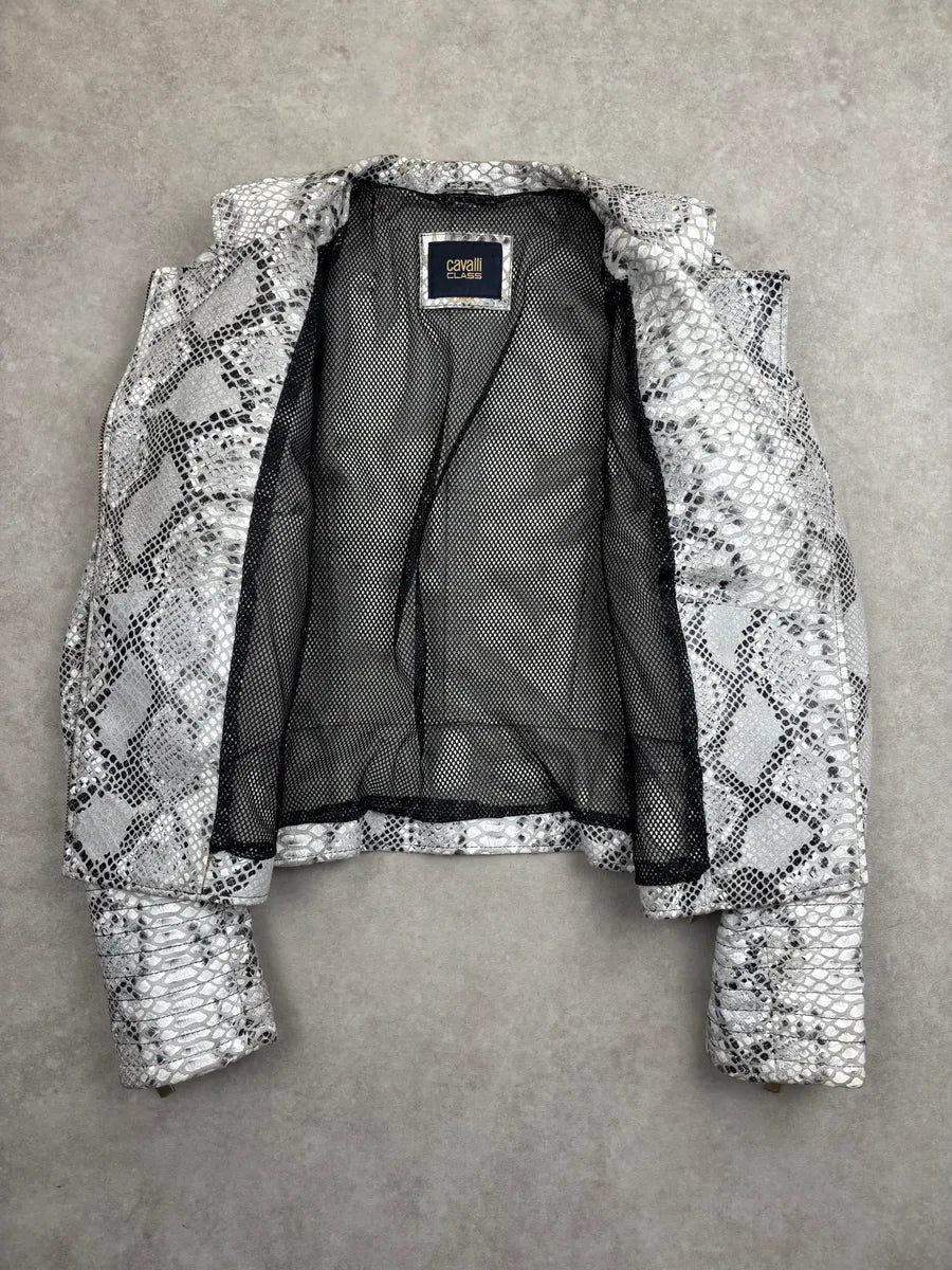 SS2015 Cavalli Class Silver Snake Print Perfecto Leather Jacket LgEZlbgq 3