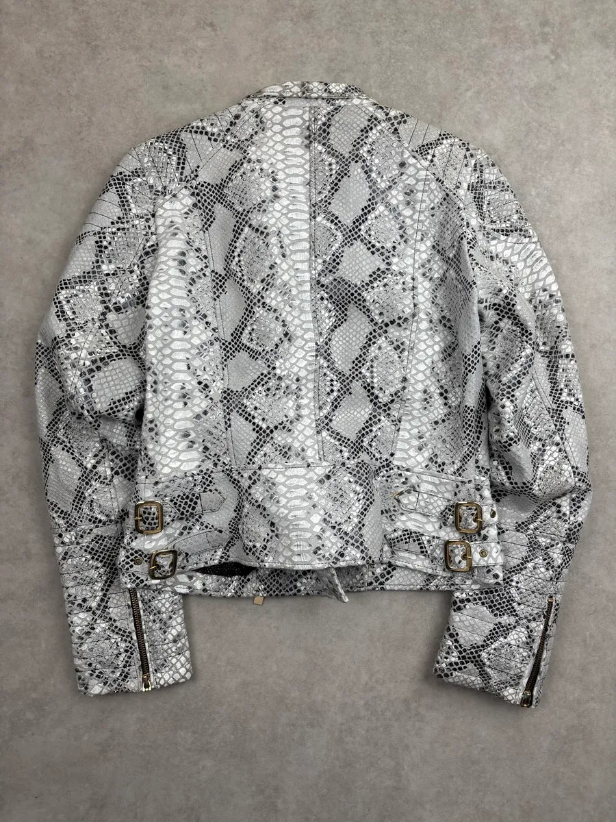 SS2015 Cavalli Class Silver Snake Print Perfecto Leather Jacket LgEZlbgq 4