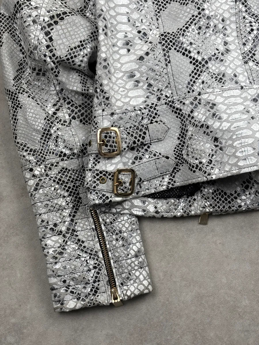 SS2015 Cavalli Class Silver Snake Print Perfecto Leather Jacket LgEZlbgq 7
