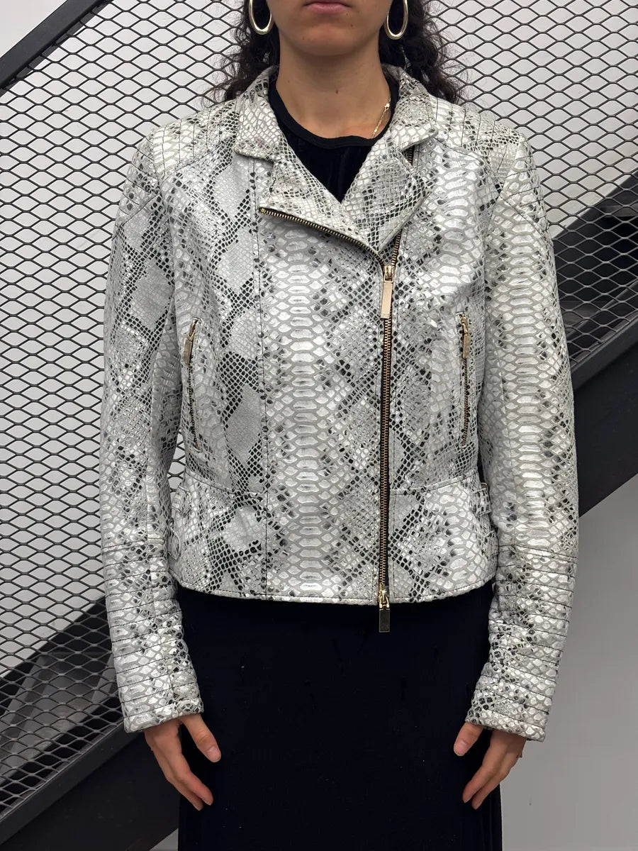 SS2015 Cavalli Class Silver Snake Print Perfecto Leather Jacket LgEZlbgq 1