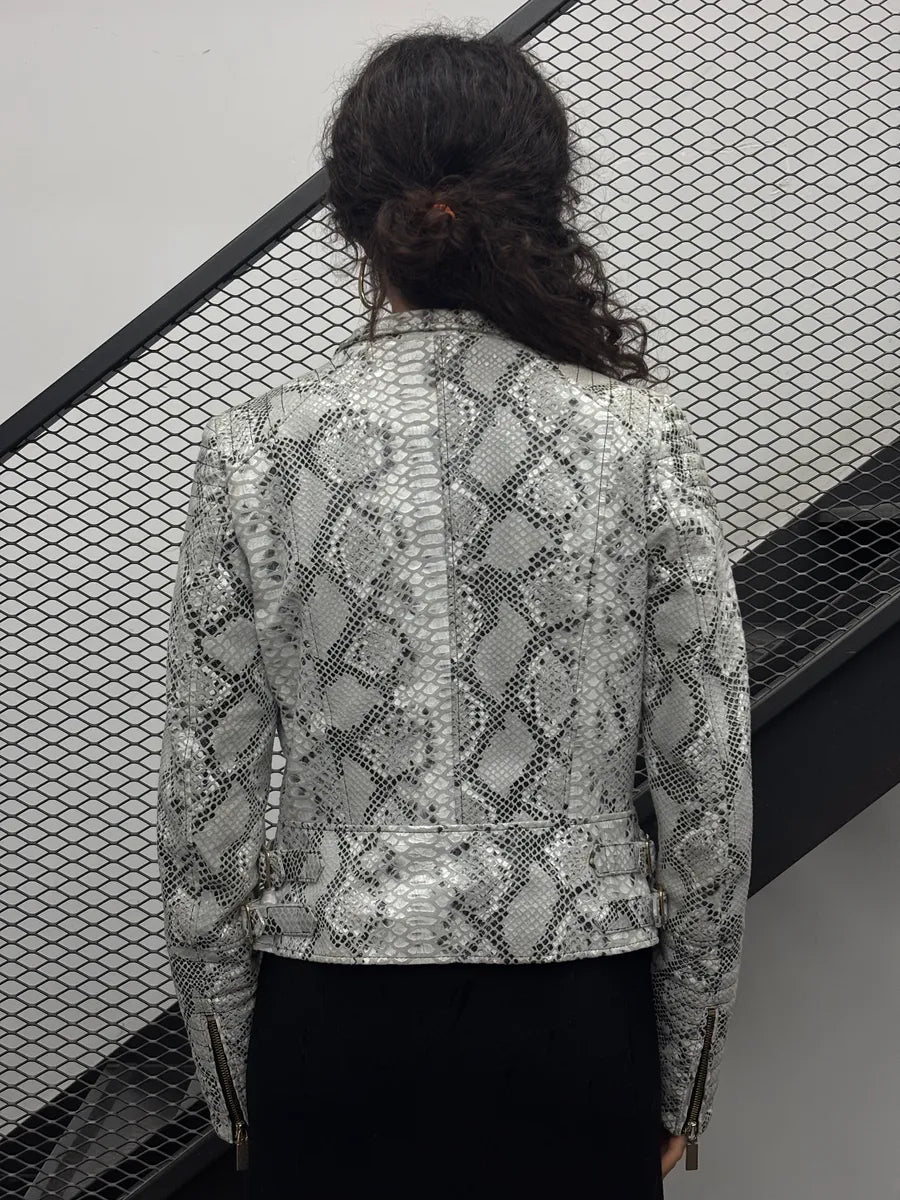 SS2015 Cavalli Class Silver Snake Print Perfecto Leather Jacket LgEZlbgq 2