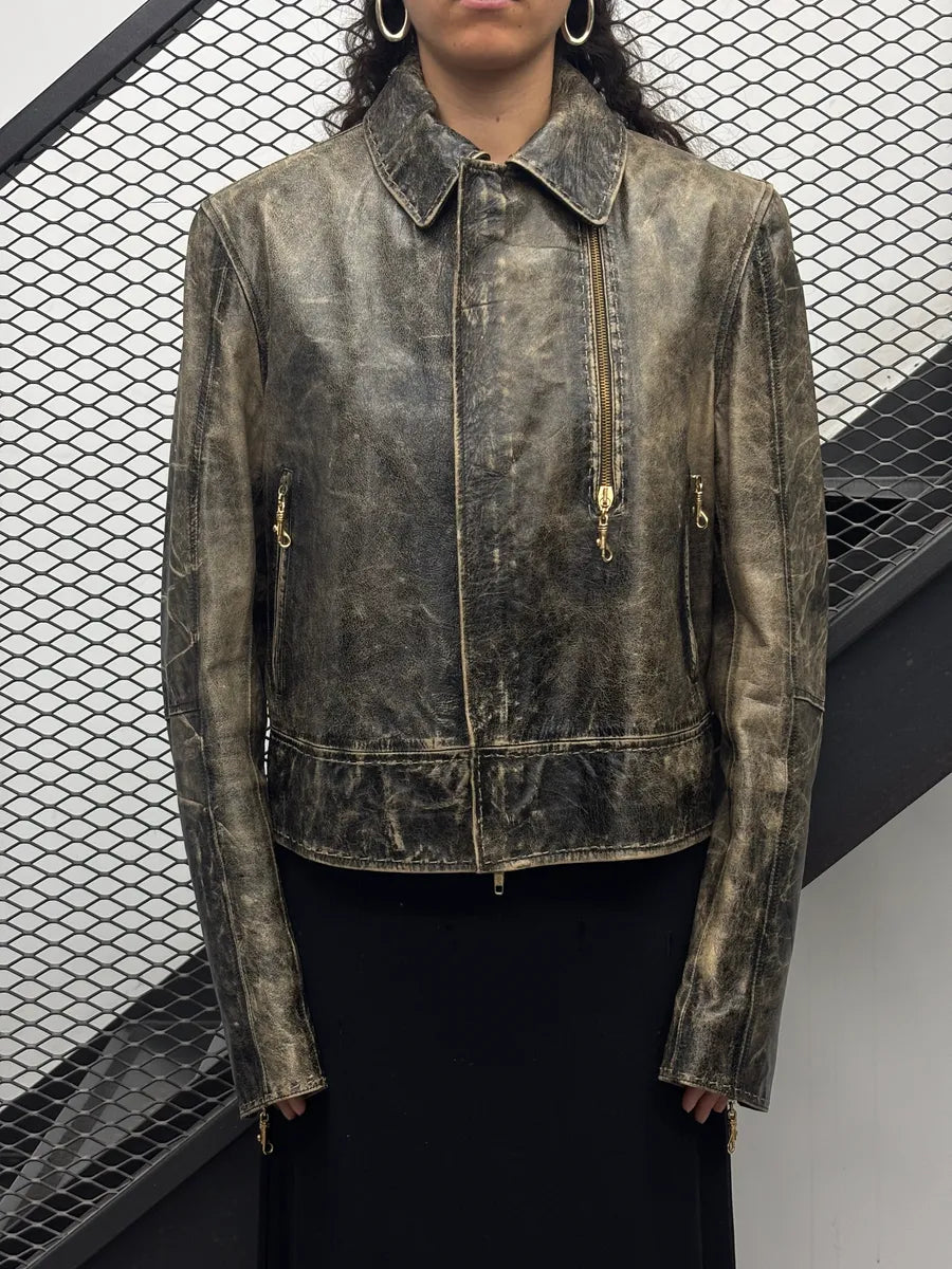 SS2001 Roberto Cavalli Grey Eroded Leather Distressed Asymmetrical Zip Leather Jacket xeRCBxjq 2
