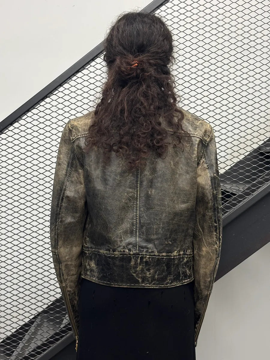 SS2001 Roberto Cavalli Grey Eroded Leather Distressed Asymmetrical Zip Leather Jacket xeRCBxjq 3
