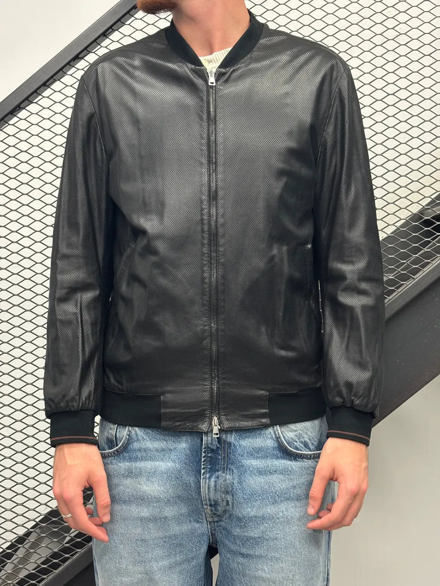 2000s Gucci Black Leather Perforated Bomber Jacket YfhNnvpi 1