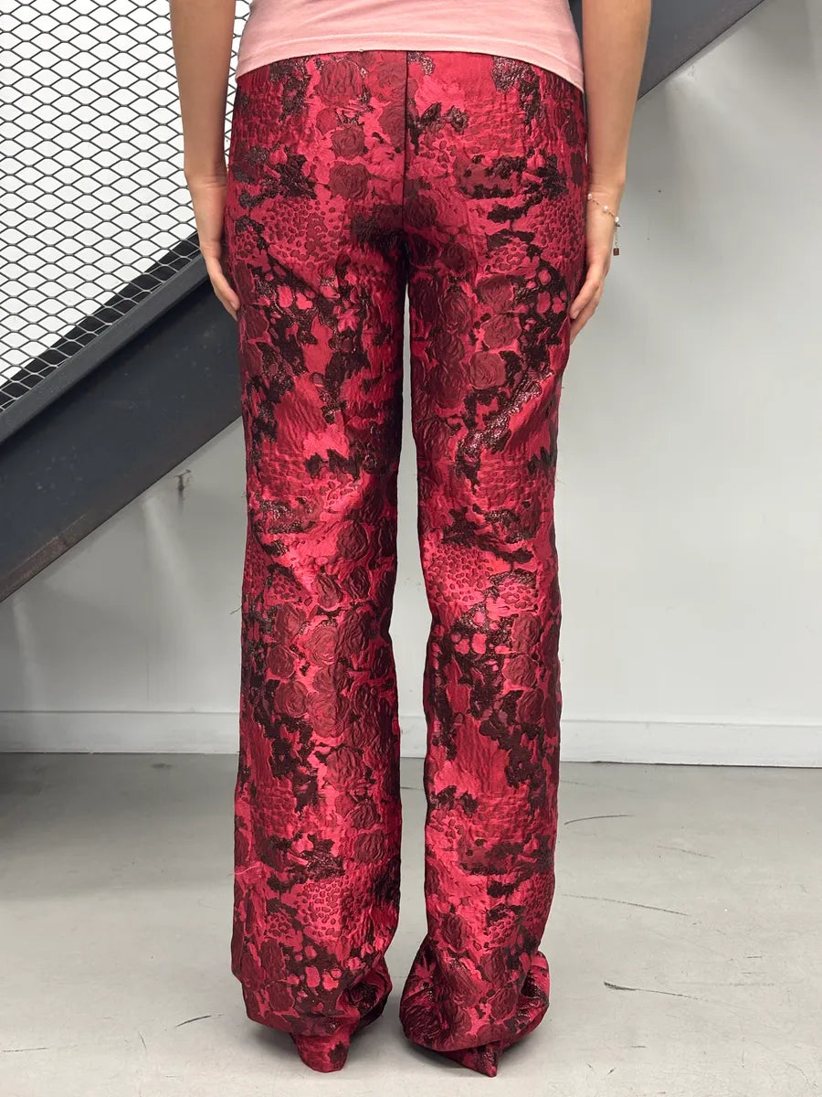 SS2015 Dsquared2 Red Floral Jacquard Metallic Waistband Pants kNmjwiuq 2