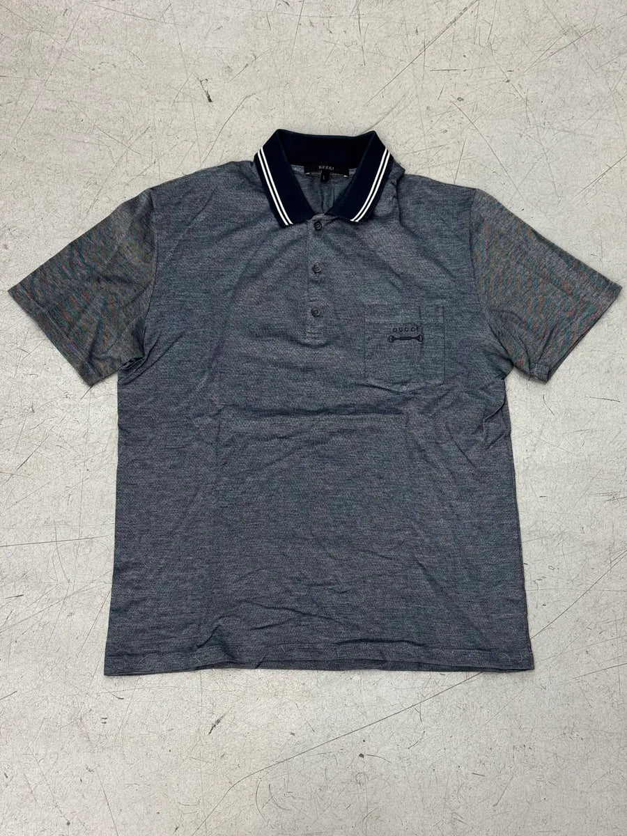 Gucci Heather Blue Cotton Embroidered Horsebit Pocket Polo IFgzjBj 0