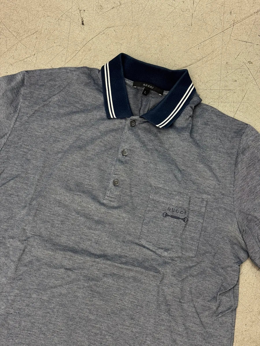 Gucci Heather Blue Cotton Embroidered Horsebit Pocket Polo IFgzjBj 4