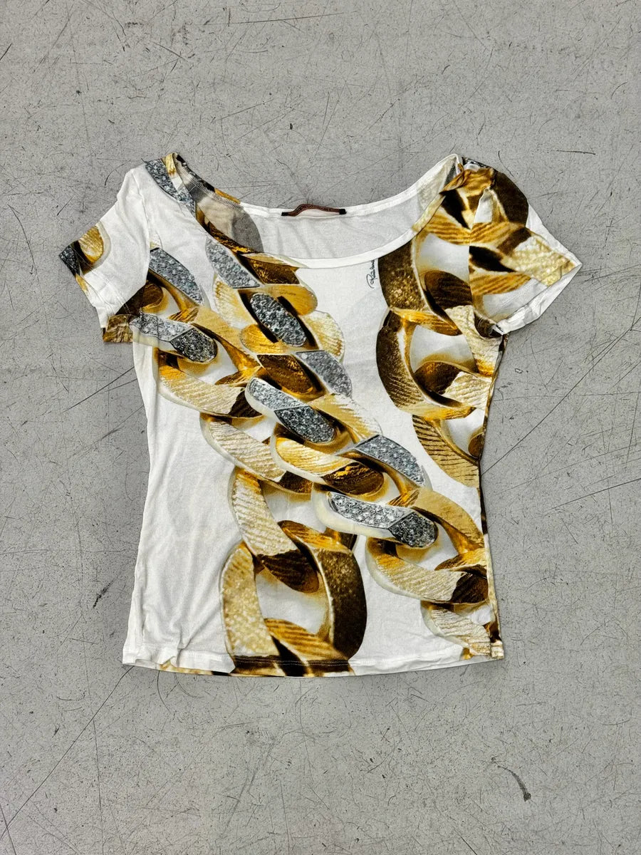 2000s Roberto Cavalli White Chain T-Shirt adjGecu 0