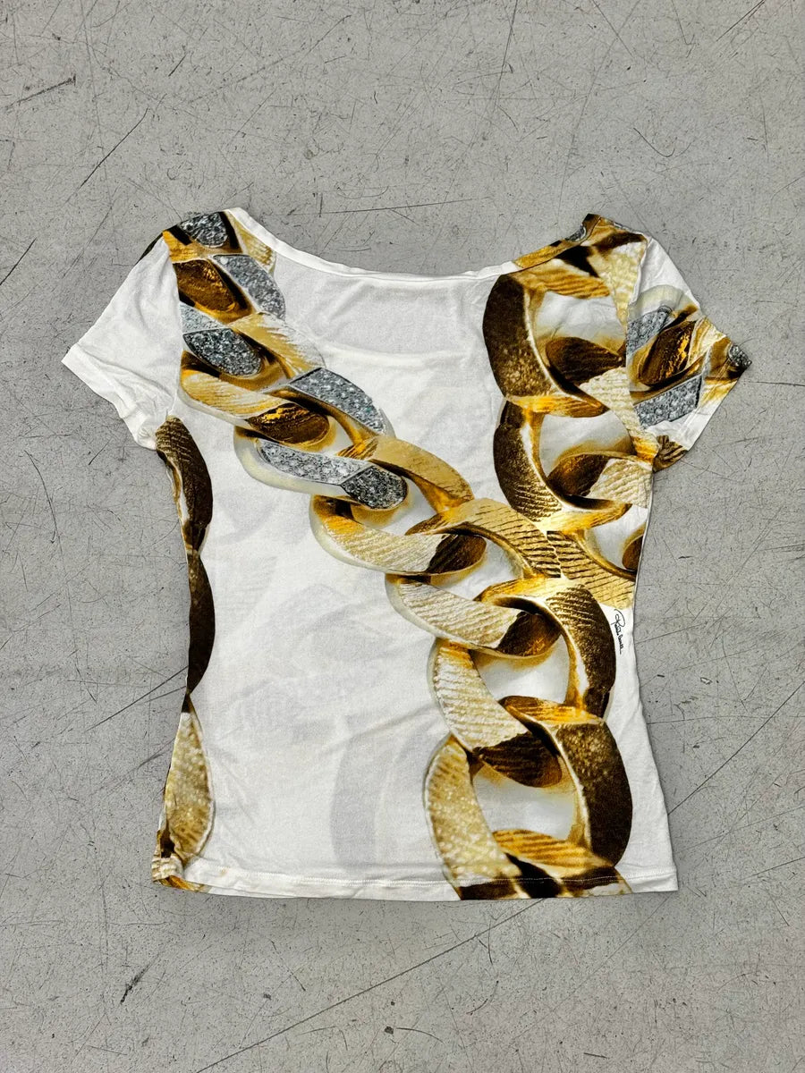 2000s Roberto Cavalli White Chain T-Shirt adjGecu 2