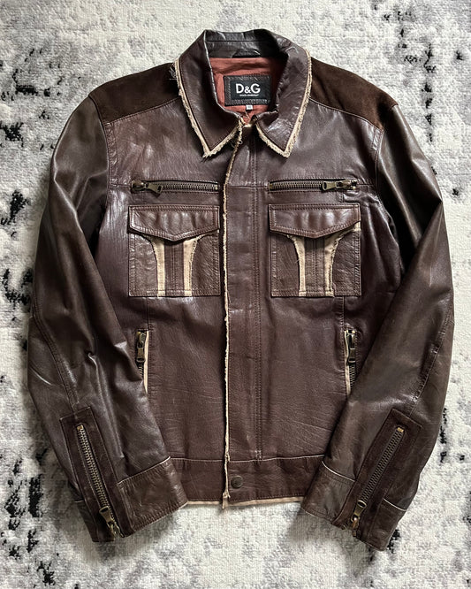 2000s Dolce & Gabbana Brown Alpha Leather Utility Jacket (L)