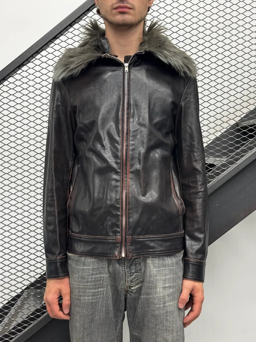 2000s Gianfranco Ferré Dark Brown Leather Detachable Faux Fur Collar Leather Jacket hJuvFHWs 3