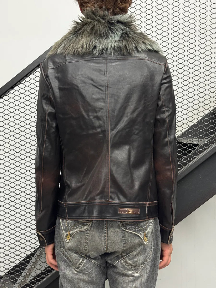 2000s Gianfranco Ferré Dark Brown Leather Detachable Faux Fur Collar Leather Jacket hJuvFHWs 4