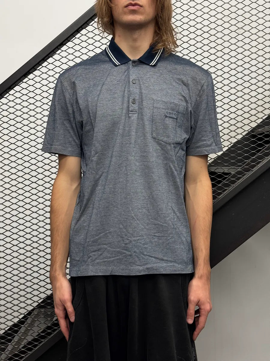 Gucci Heather Blue Cotton Embroidered Horsebit Pocket Polo IFgzjBj 2