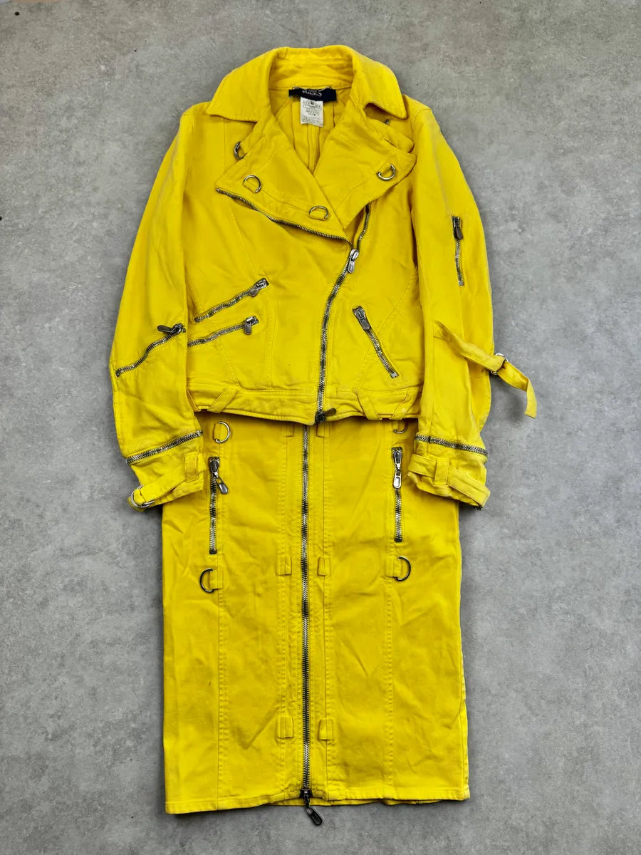 SS2005 Versace Yellow Zip Moto Biker Skirt/Jacket Set eTkEervz 0