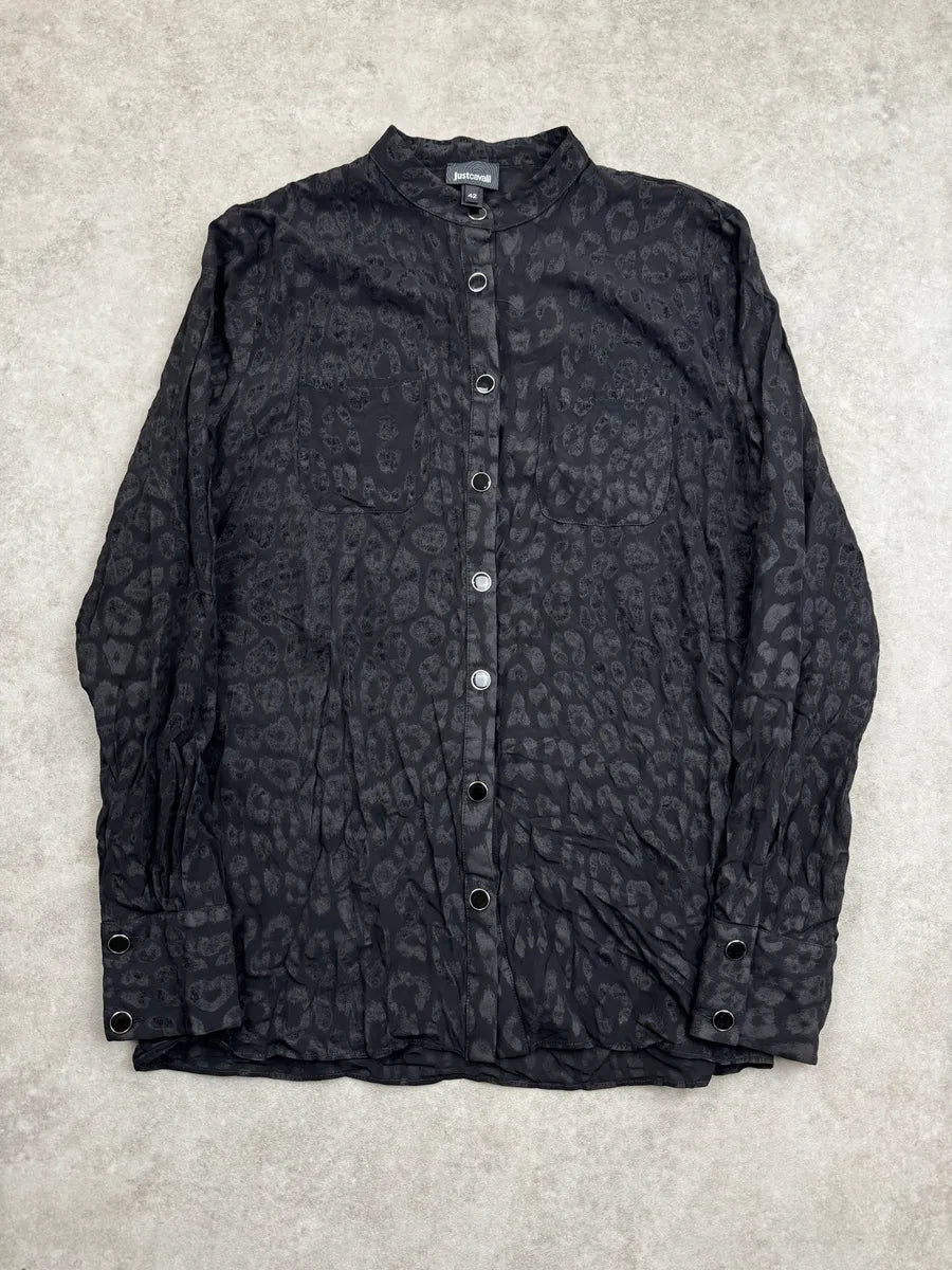 AW2021 Cavalli Black Leopard Velvet Mao Collar Shirt VEbTulg 0