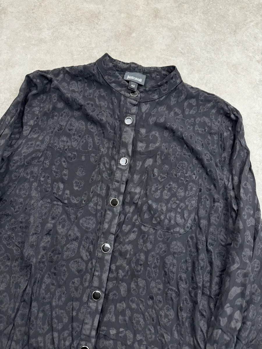 AW2021 Cavalli Black Leopard Velvet Mao Collar Shirt VEbTulg 4