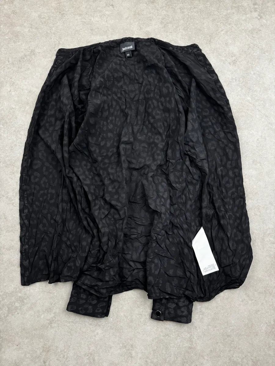 AW2021 Cavalli Black Leopard Velvet Mao Collar Shirt VEbTulg 6