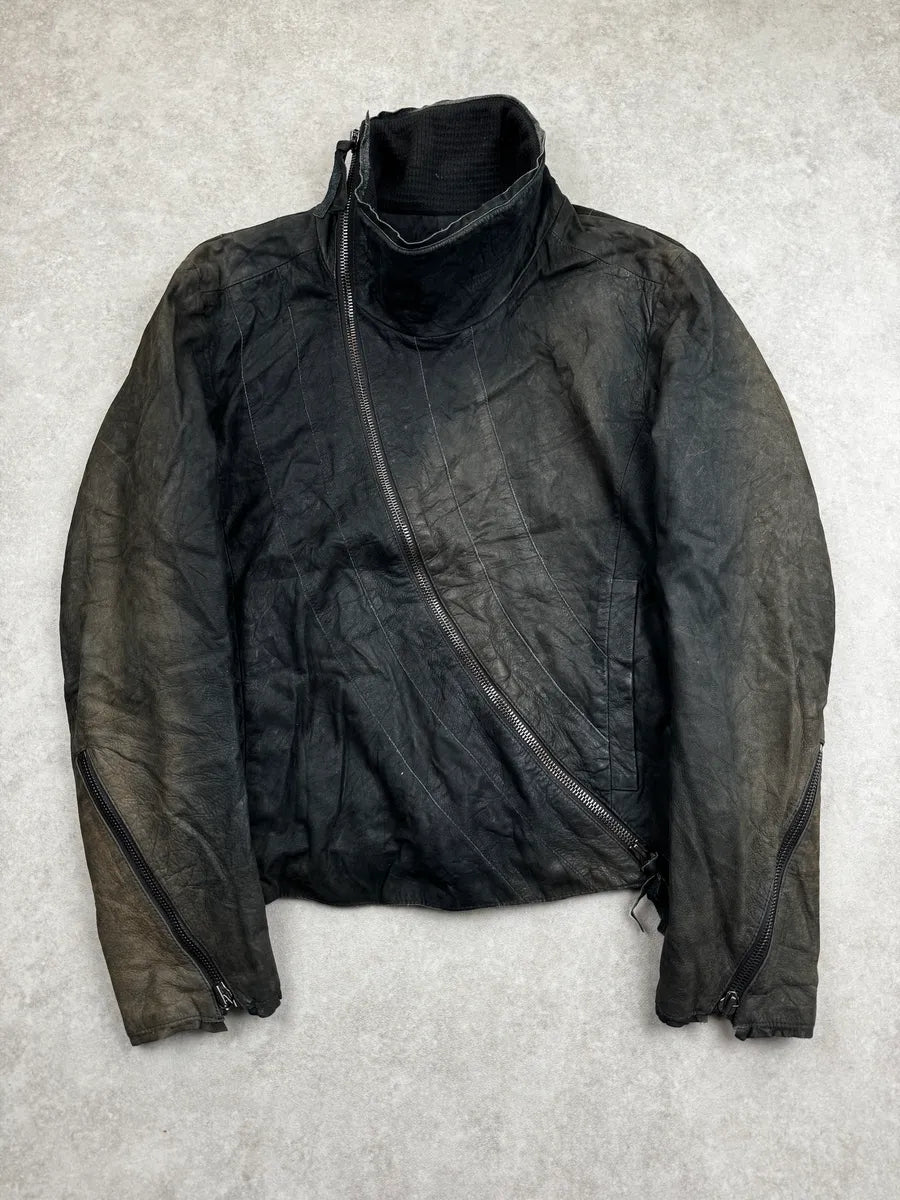 AW2011 Emporio Armani Black Faded Avant-Garde Tornado Zip Leather Jacket GafcIZhR 0