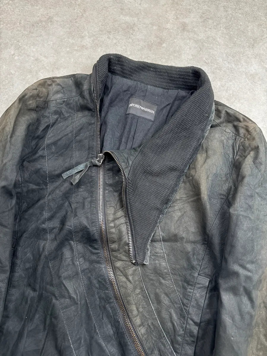 AW2011 Emporio Armani Black Faded Avant-Garde Tornado Zip Leather Jacket GafcIZhR 5