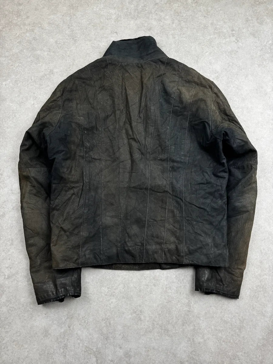 AW2011 Emporio Armani Black Faded Avant-Garde Tornado Zip Leather Jacket GafcIZhR 1