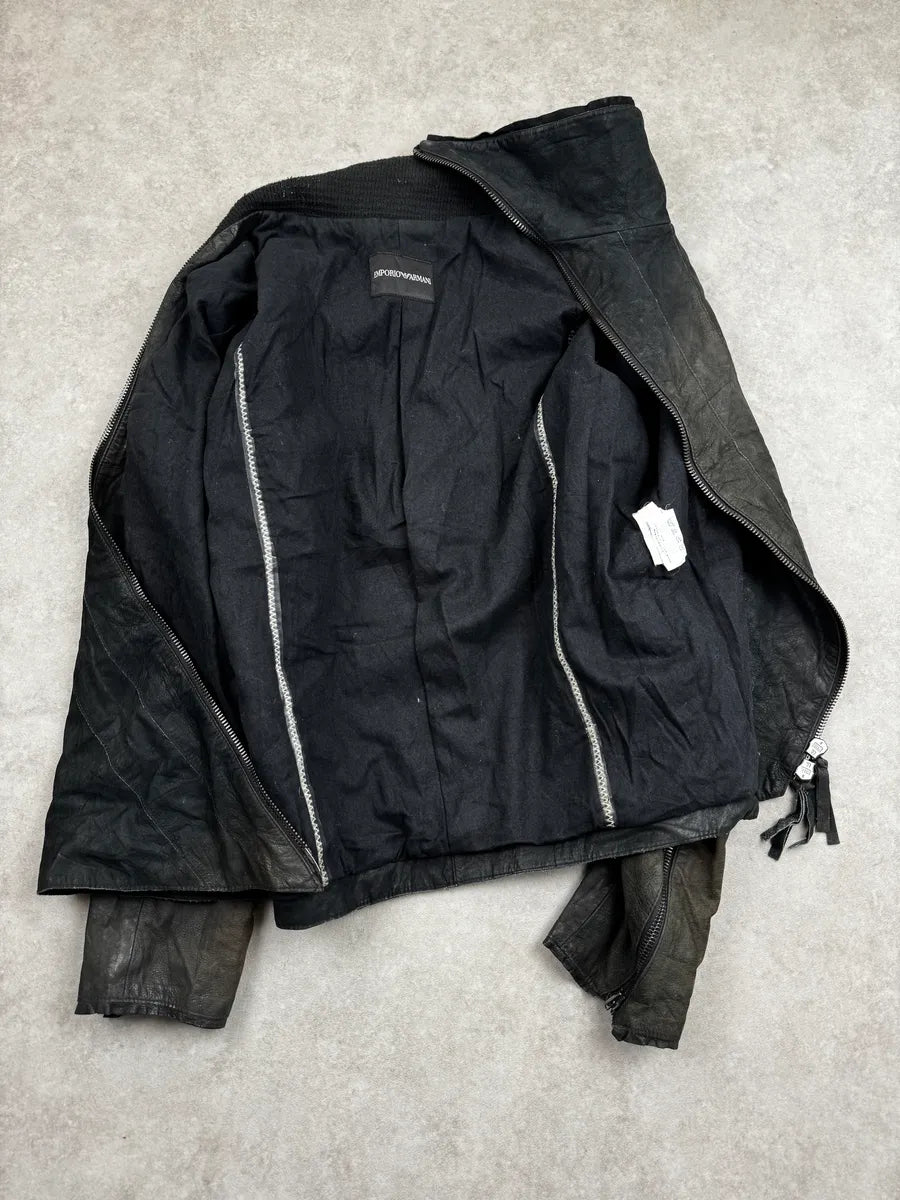 AW2011 Emporio Armani Black Faded Avant-Garde Tornado Zip Leather Jacket GafcIZhR 7