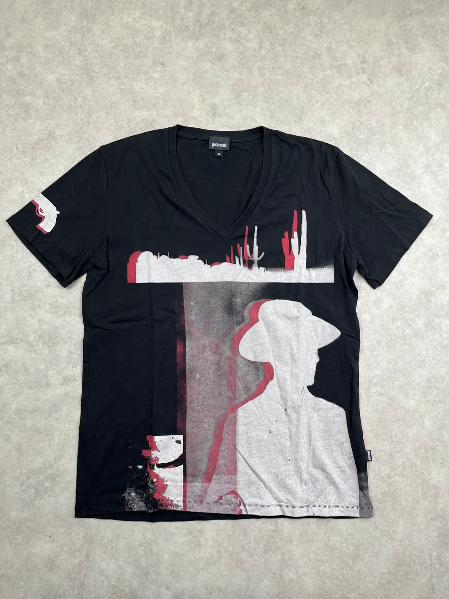 SS2017 Cavalli Black Western V Neck Graphic T-Shirt iEumBxKo 0