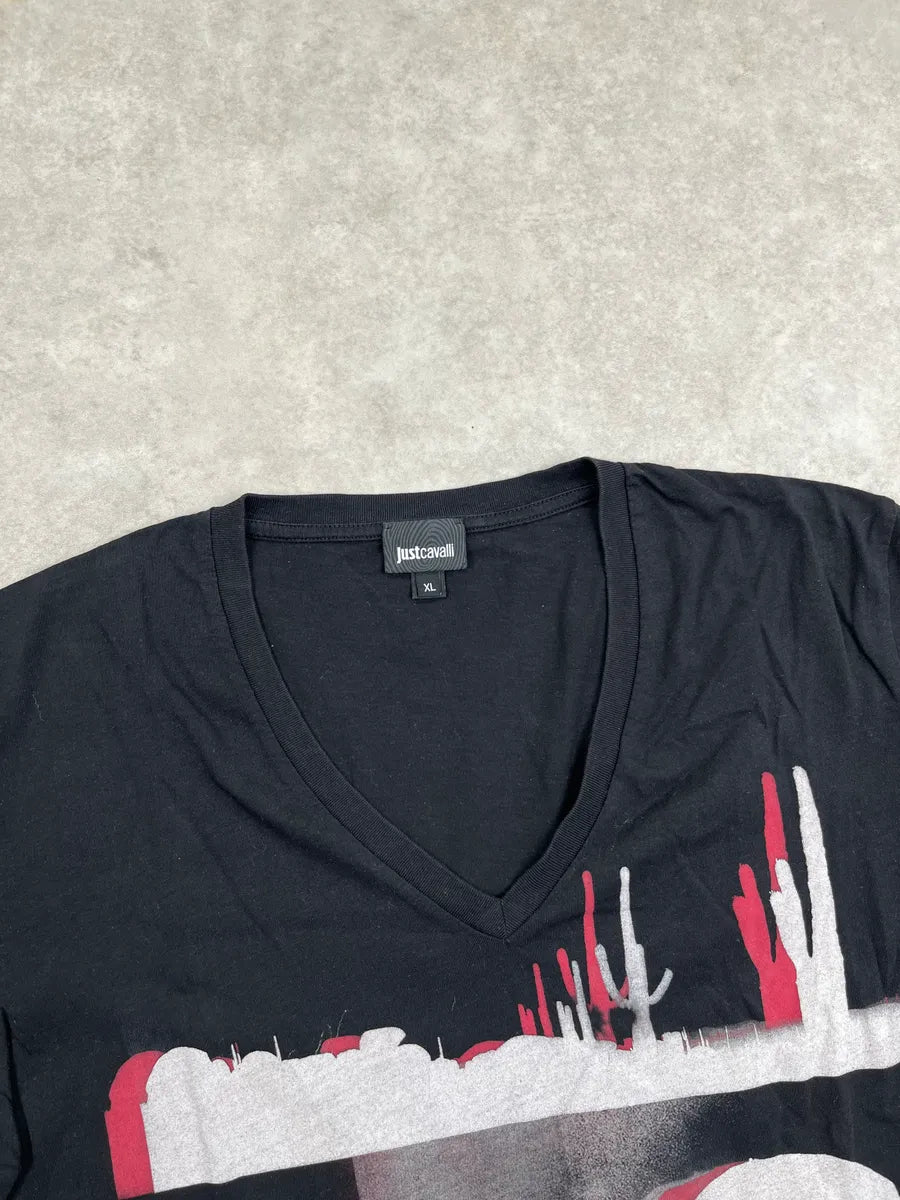 SS2017 Cavalli Black Western V Neck Graphic T-Shirt iEumBxKo 7