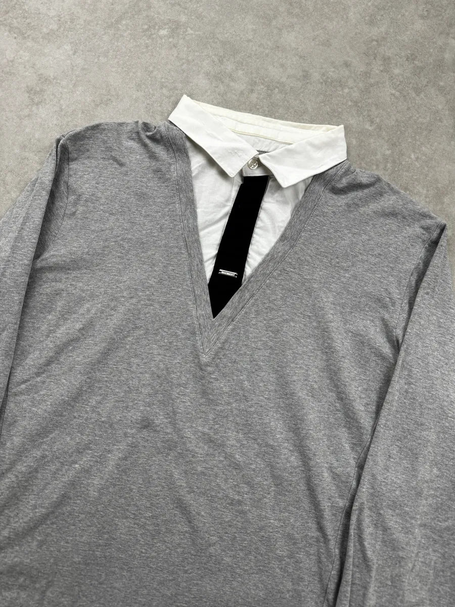 AW2010 Dirk Bikkembergs Grey Trompe L’Oeil Collar Sweater DArXKGfe 4