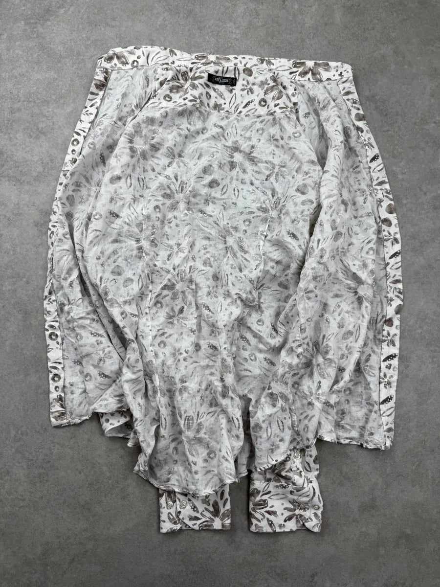 2000s Cavalli Freedom White & Beige Linen Floral Print Shirt EvIQbUyW 6