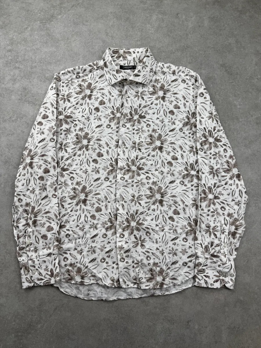 2000s Cavalli Freedom White & Beige Linen Floral Print Shirt EvIQbUyW 1