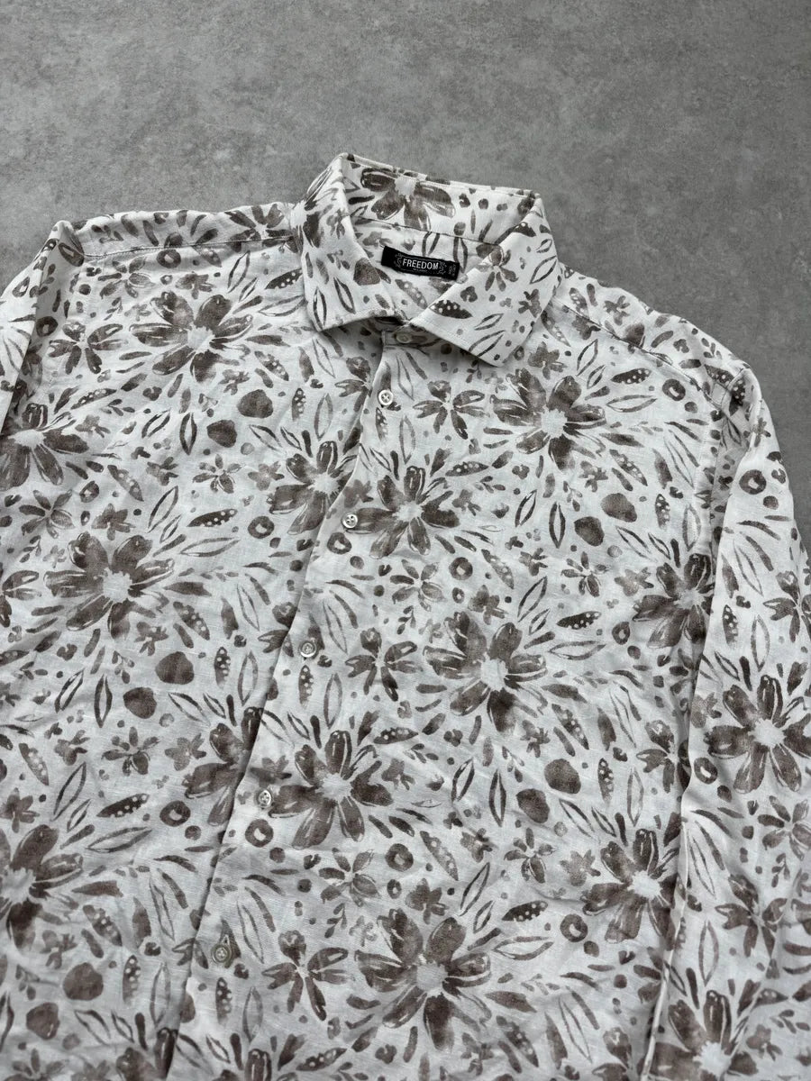 2000s Cavalli Freedom White & Beige Linen Floral Print Shirt EvIQbUyW 4