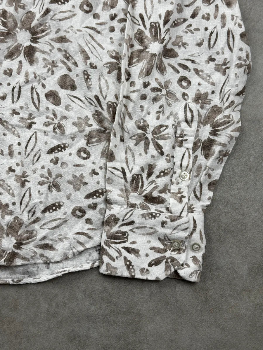 2000s Cavalli Freedom White & Beige Linen Floral Print Shirt EvIQbUyW 7