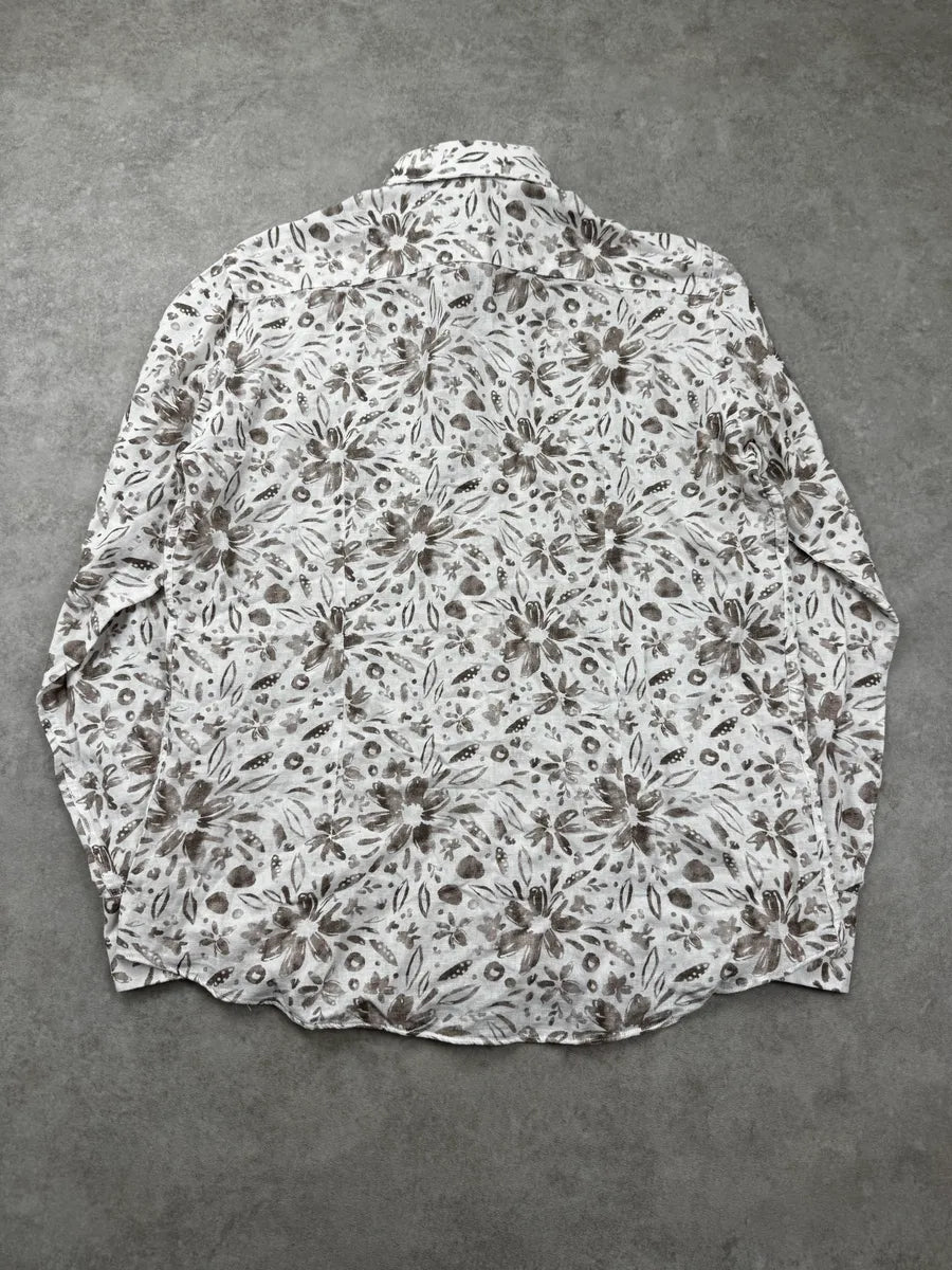 2000s Cavalli Freedom White & Beige Linen Floral Print Shirt EvIQbUyW 2