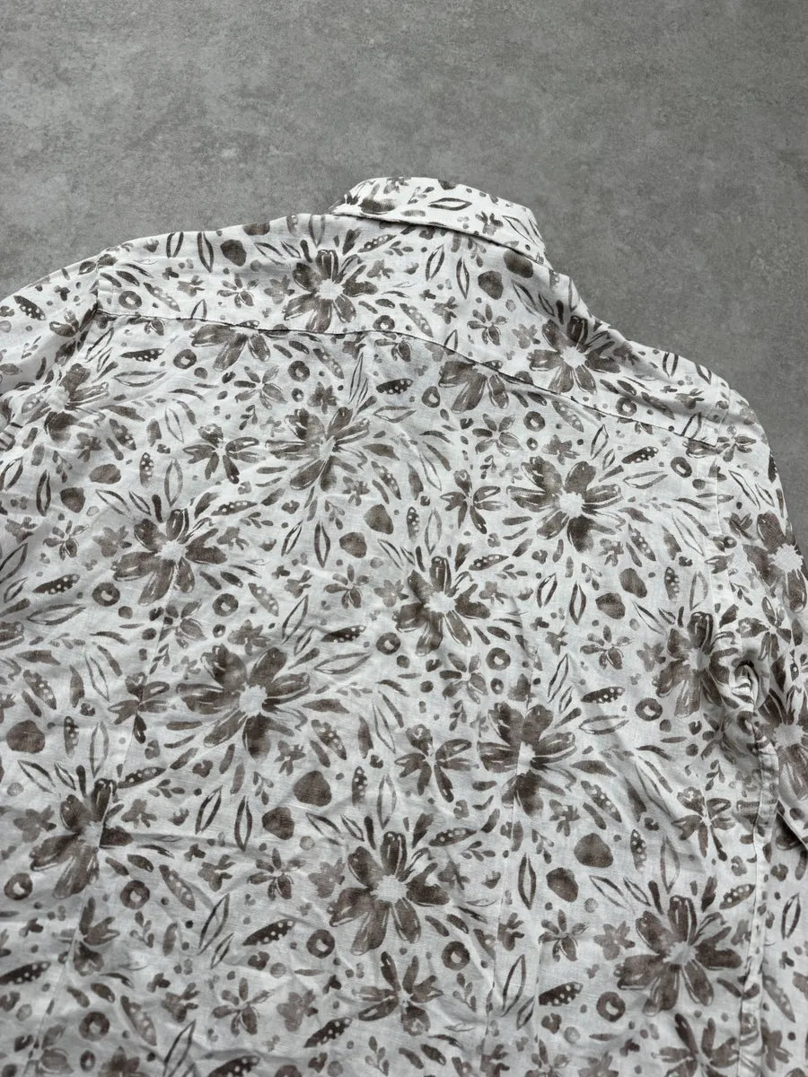 2000s Cavalli Freedom White & Beige Linen Floral Print Shirt EvIQbUyW 5