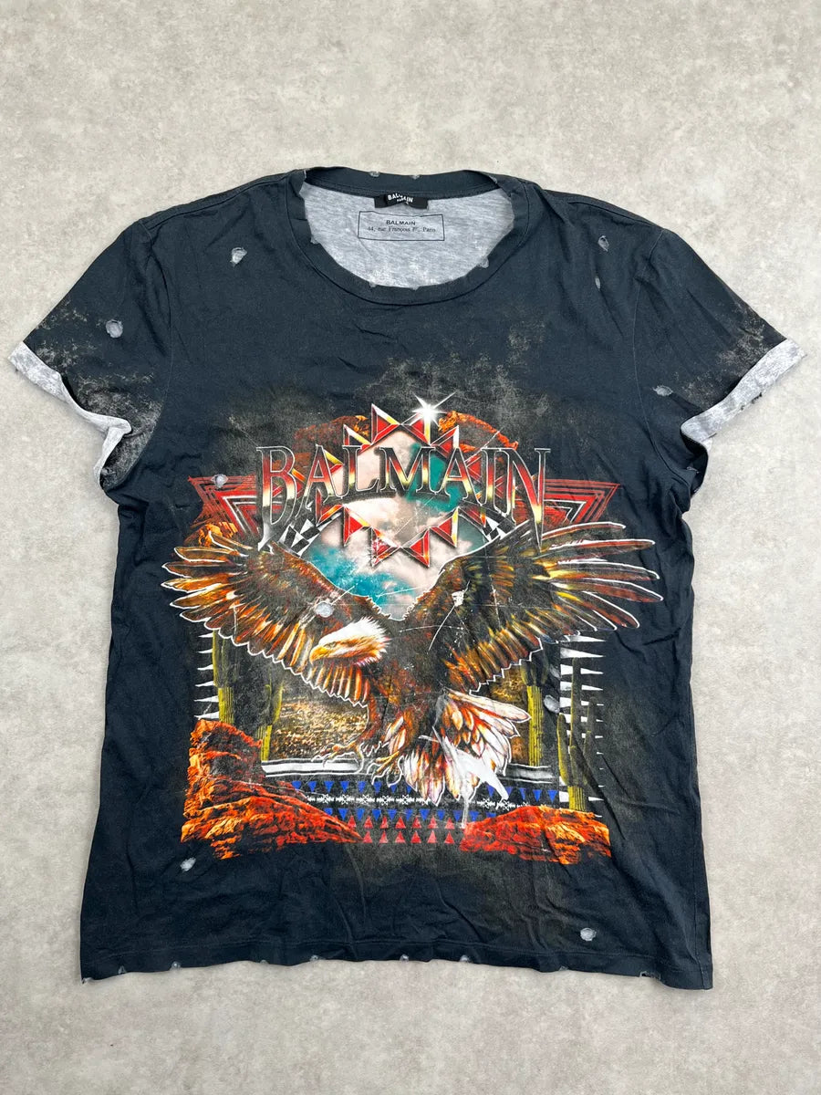 Balmain Black Distressed Graphic T-Shirt XpGMxMrk 0