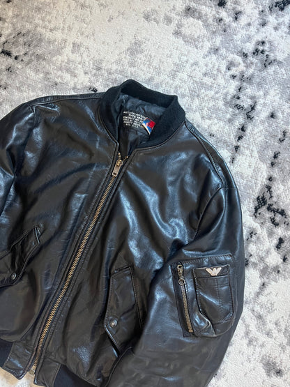 90s Armani Black Aviator Leather Bomber Jacket (M/L)