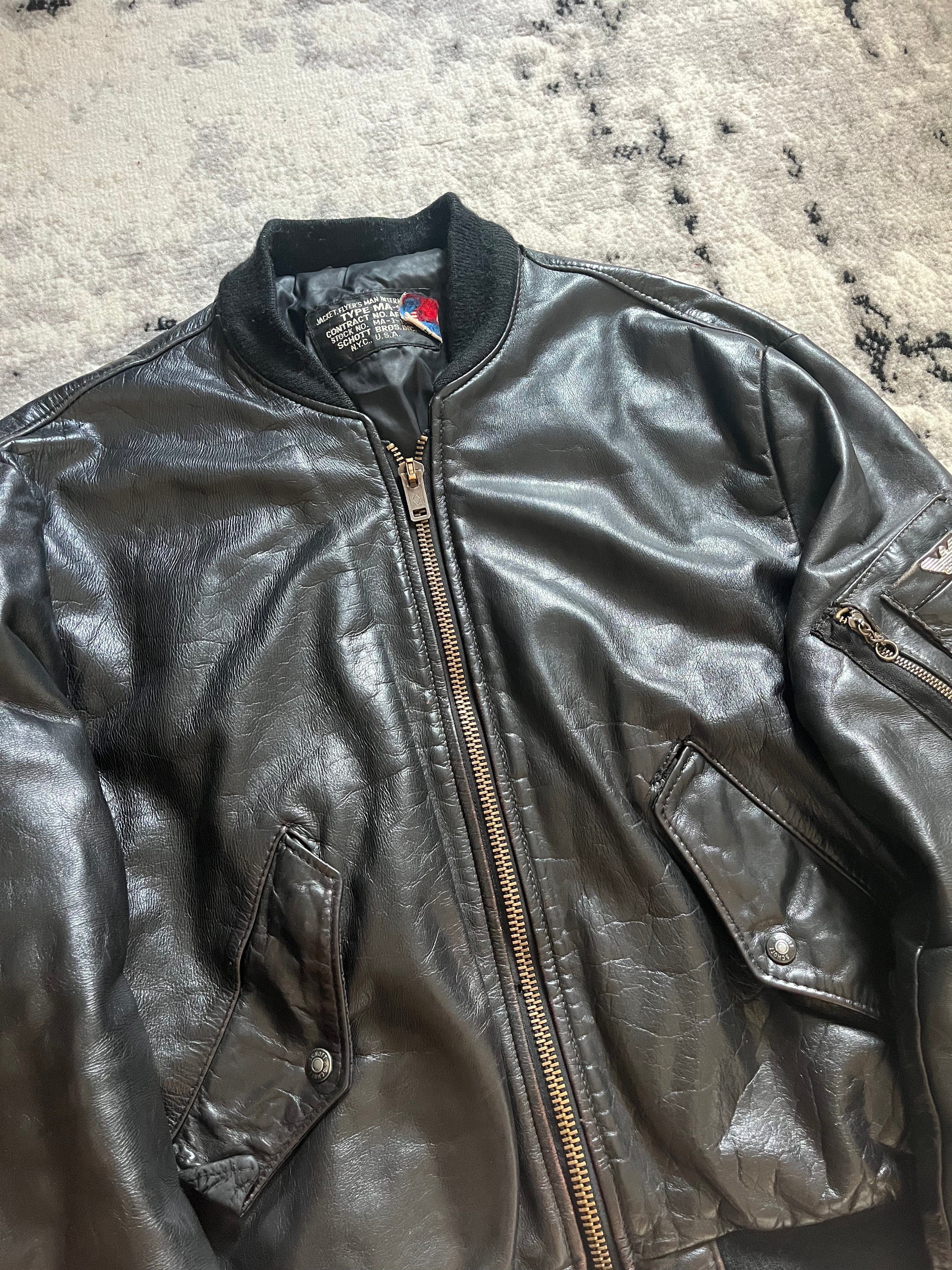 90年代 アルマーニ ブラック アビエーター レザー ボンバー ジャケット (M/L)