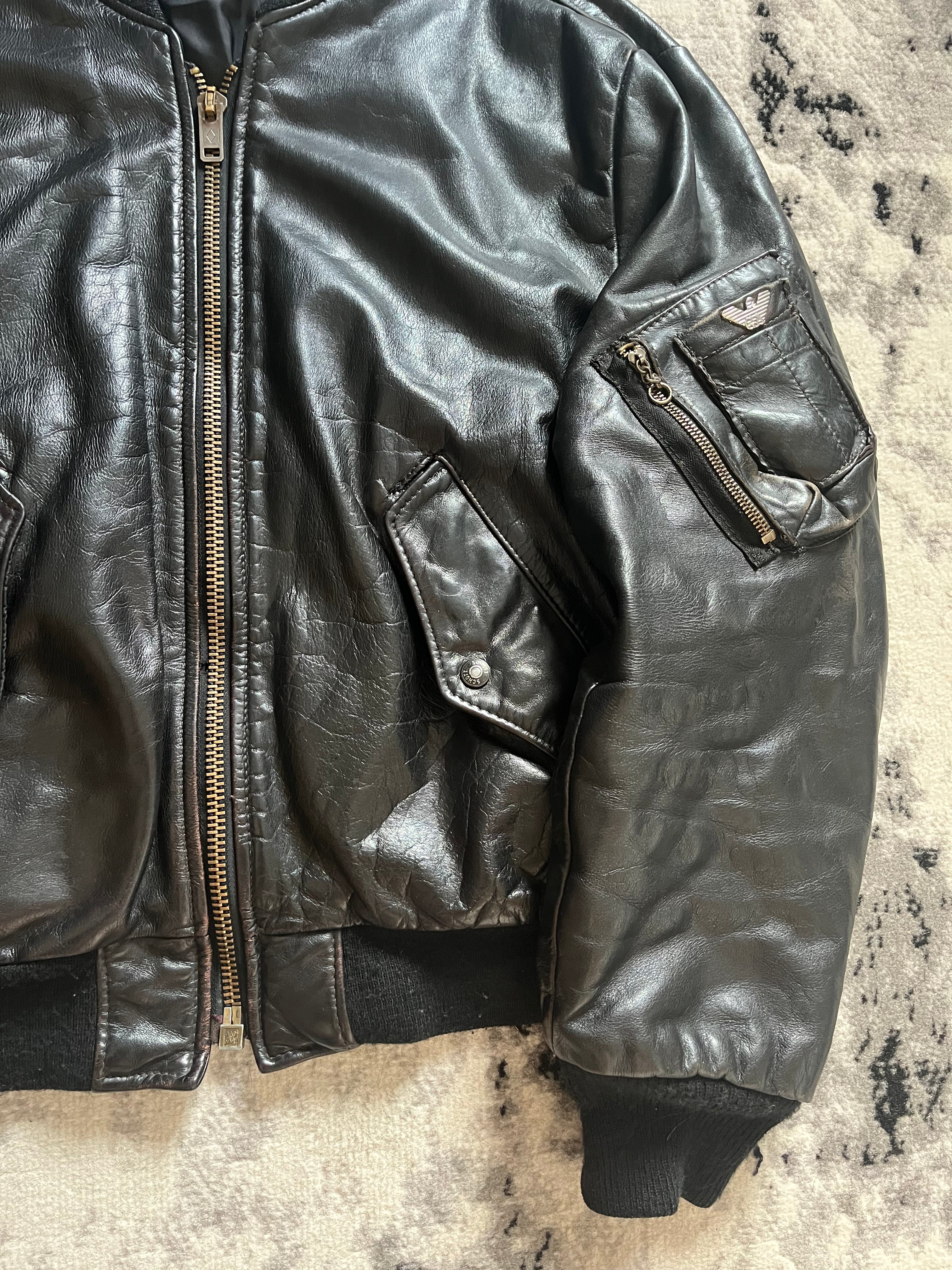 90年代 アルマーニ ブラック アビエーター レザー ボンバー ジャケット (M/L)