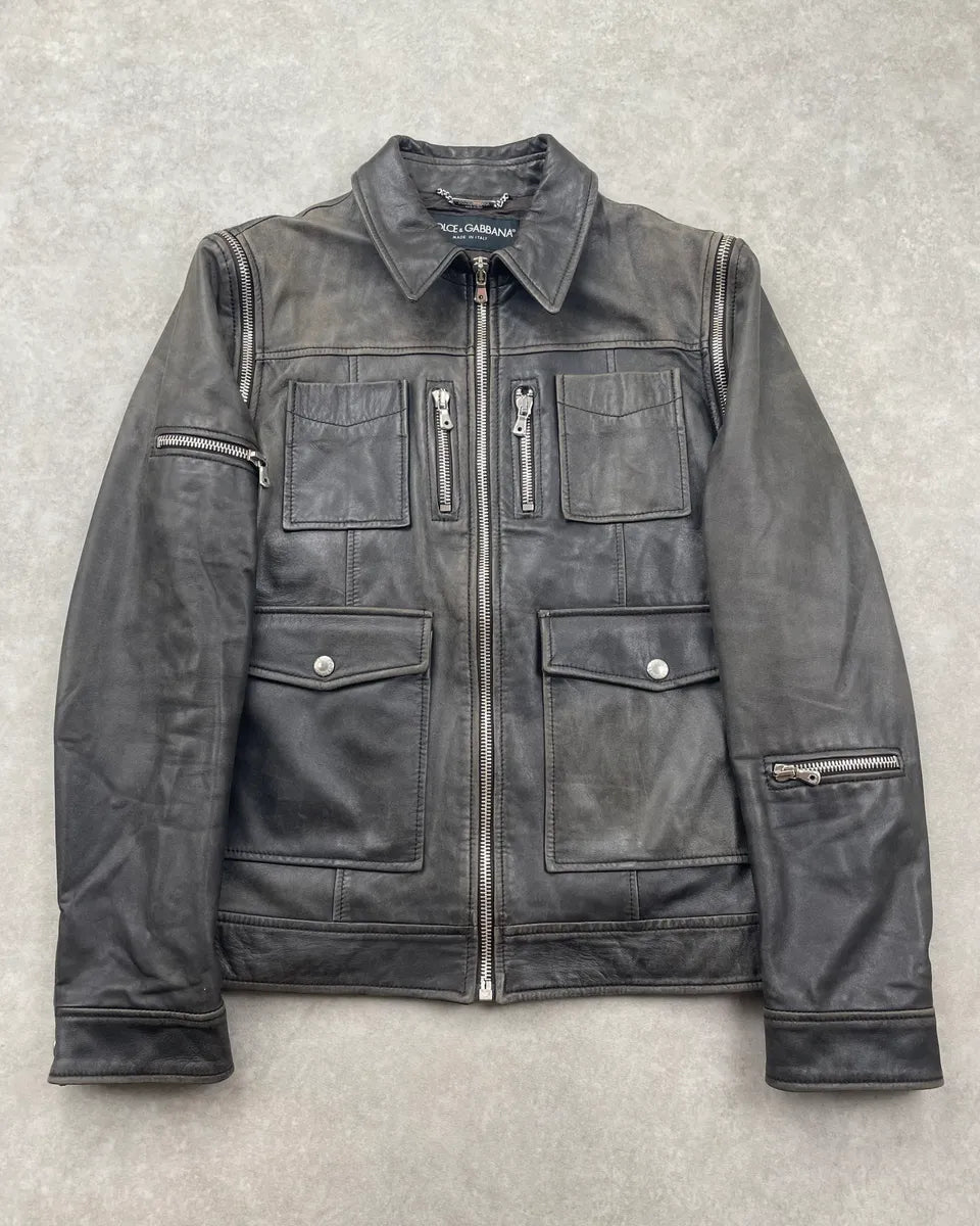 SS2002 Dolce & Gabbana Black Leather Detachable-Sleeve Multi-Pocket Leather Jacket eqBzPgNg 1