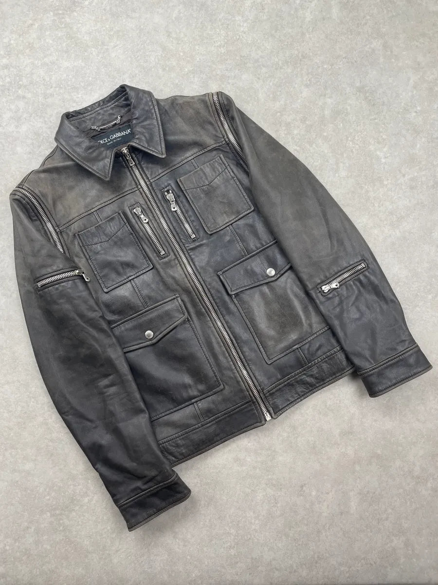 SS2002 Dolce & Gabbana Black Leather Detachable-Sleeve Multi-Pocket Leather Jacket eqBzPgNg 5
