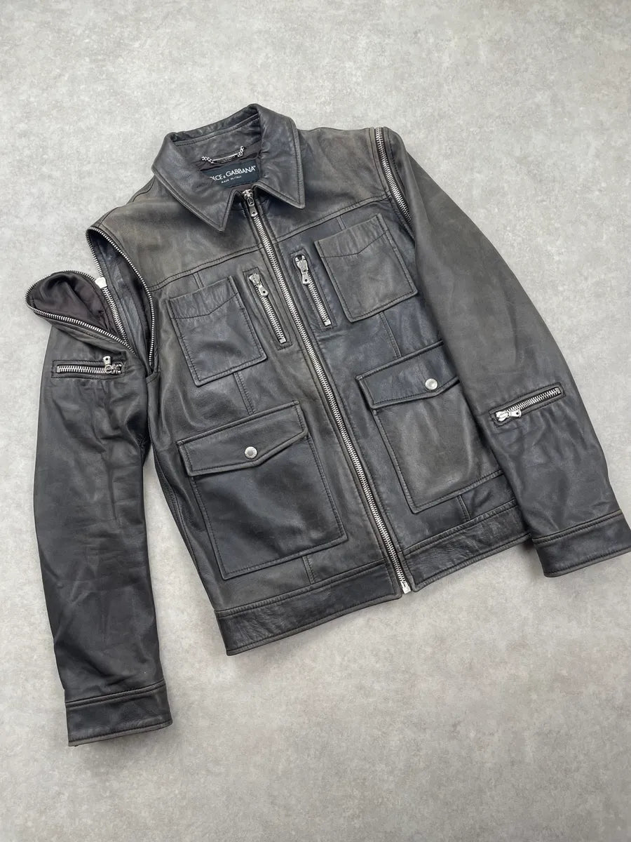 SS2002 Dolce & Gabbana Black Leather Detachable-Sleeve Multi-Pocket Leather Jacket eqBzPgNg 8