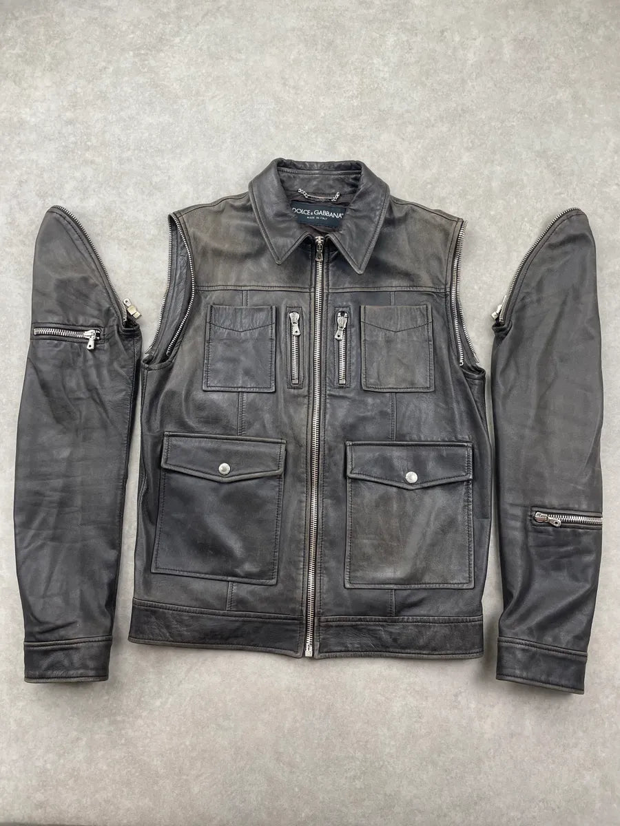 SS2002 Dolce & Gabbana Black Leather Detachable-Sleeve Multi-Pocket Leather Jacket eqBzPgNg 0