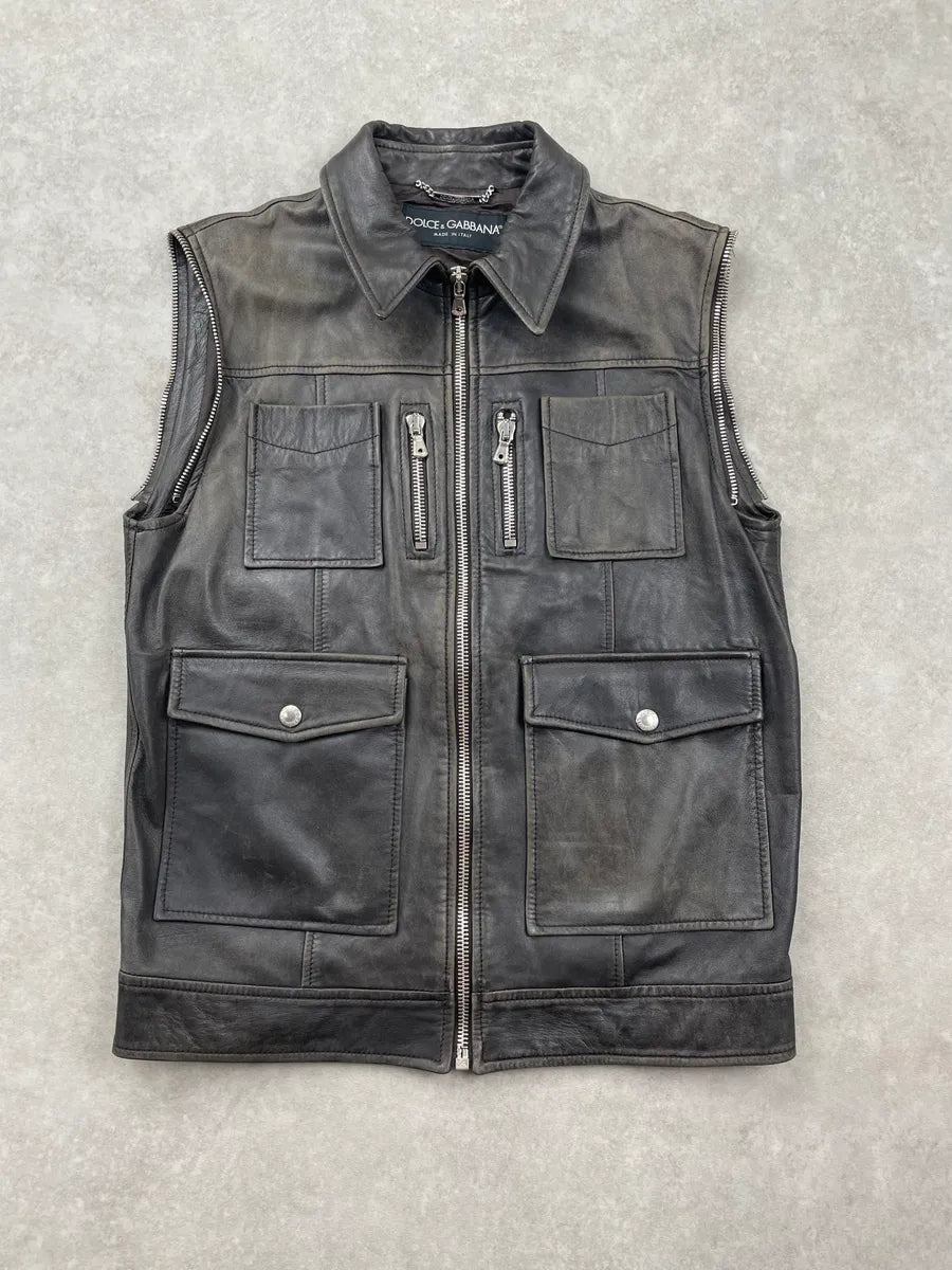SS2002 Dolce & Gabbana Black Leather Detachable-Sleeve Multi-Pocket Leather Jacket eqBzPgNg 7