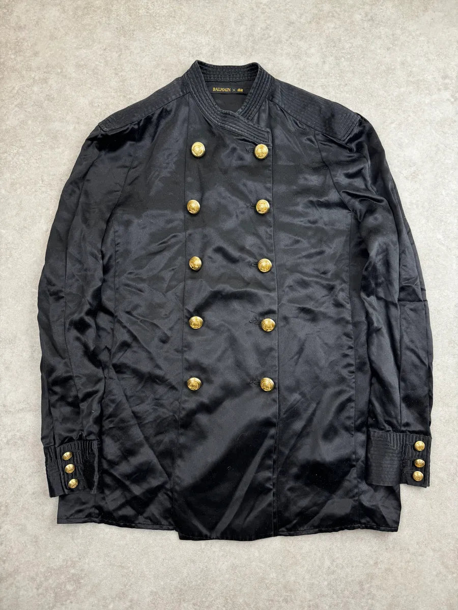 AW2015 Balmain X H&M Black Double-Breasted Light Silk Jacket IHzQROuy 0
