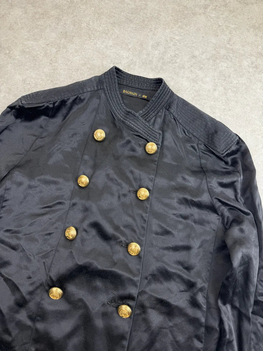 AW2015 Balmain X H&M Black Double-Breasted Light Silk Jacket IHzQROuy 5